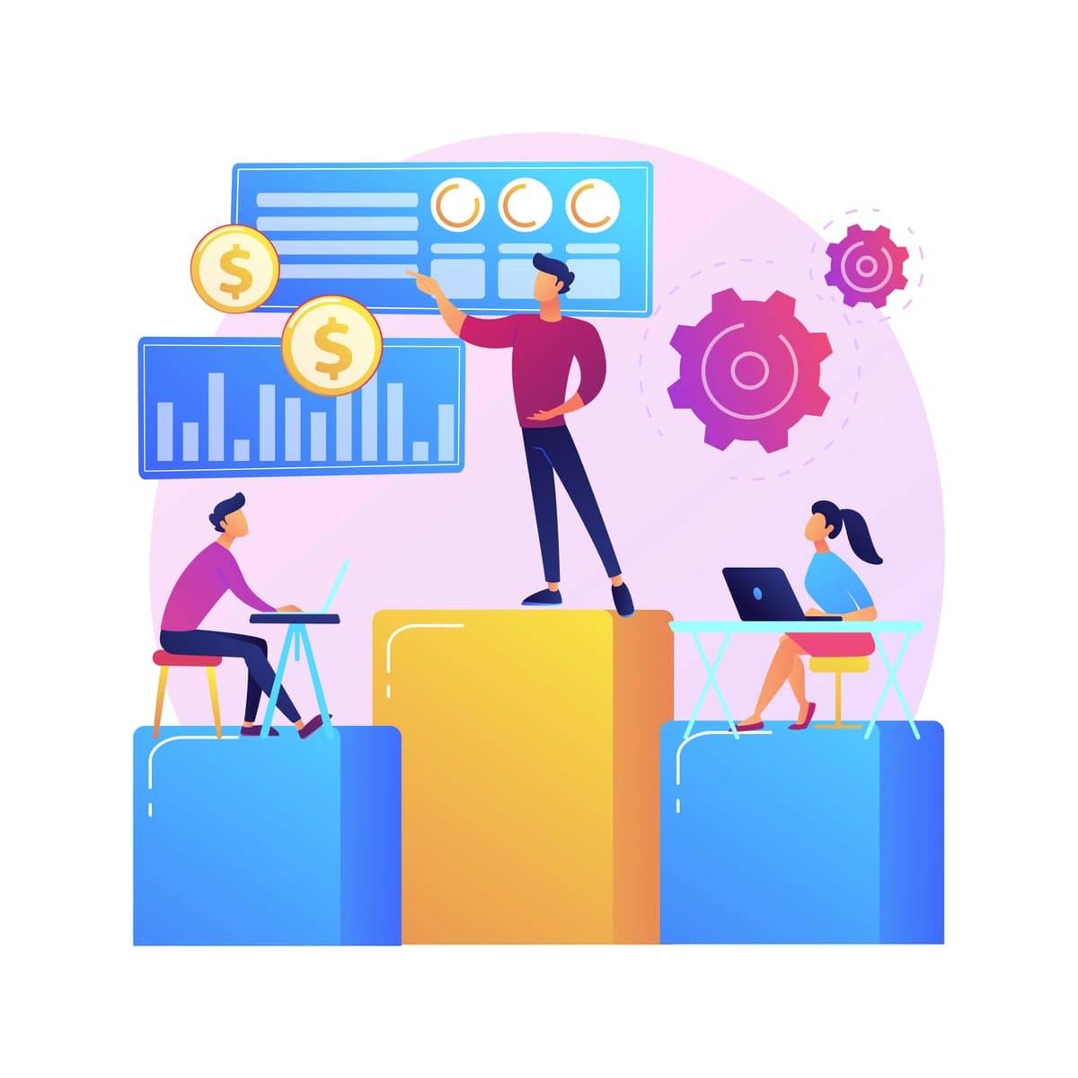 A vibrant illustration with a central character presenting financial data to a small group, set against a backdrop of gears and rising graphs, representing teamwork and analytics in a business environment.