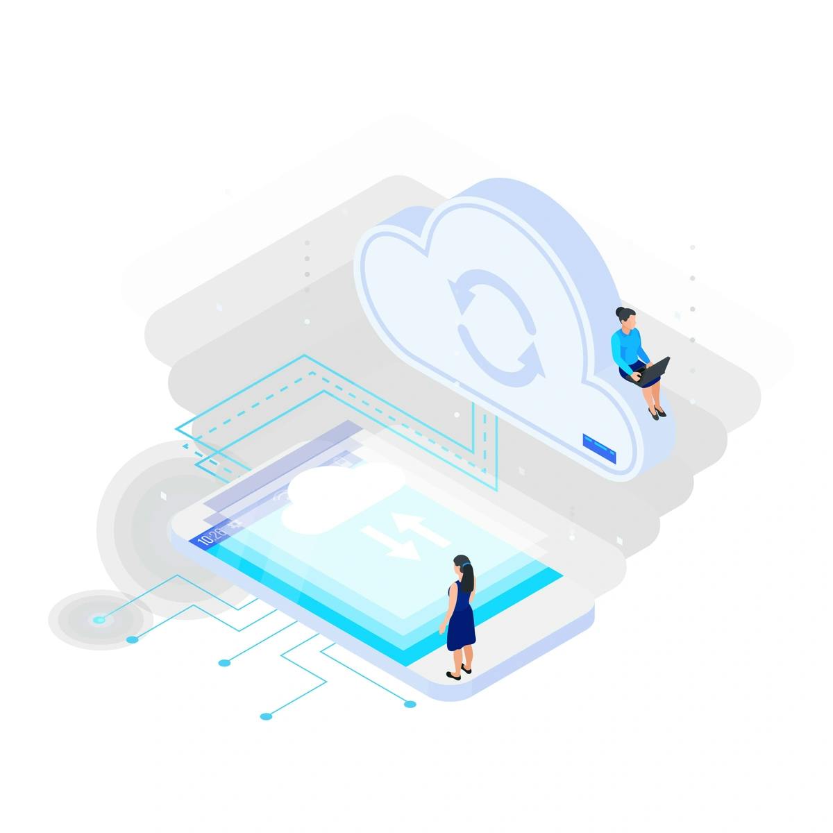 Isometric illustration of cloud computing concept with figures working on laptop and tablet.
