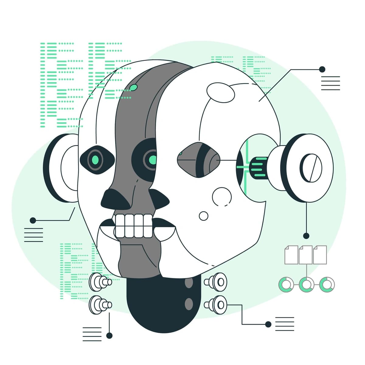 Digital illustration of a robot head in a dissected view, showcasing different layers and components in a two-dimensional cross-section, with a monochromatic color scheme and hints of green circuit-like patterns in the background.