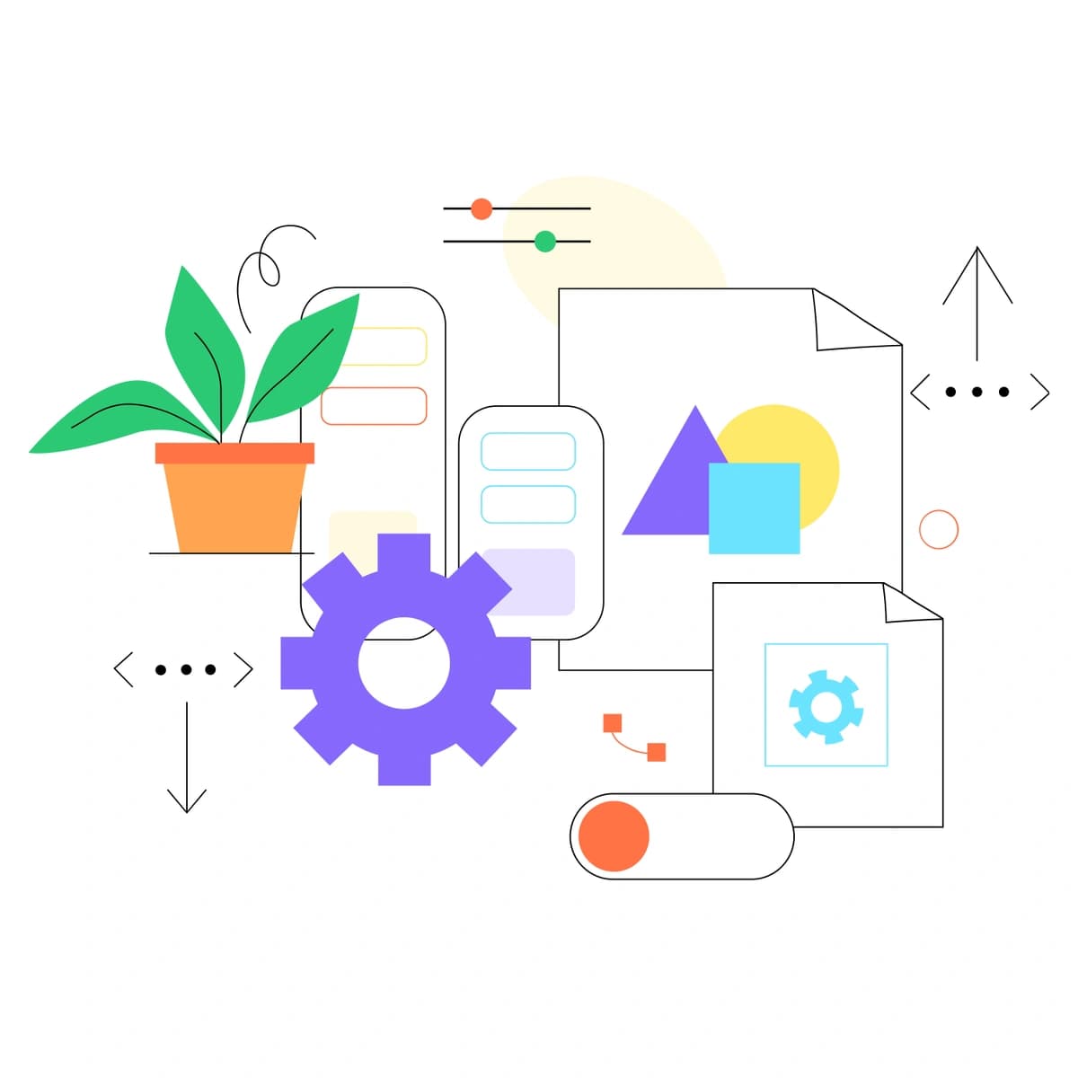 A graphic composition with a gear, geometric shapes, a potted plant, and interface icons, symbolizing workflow and organization.