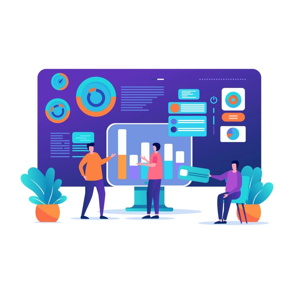 An illustration depicting a group of people working with a large computer monitor displaying various graphs and statistics, representing teamwork in data analysis or project management.