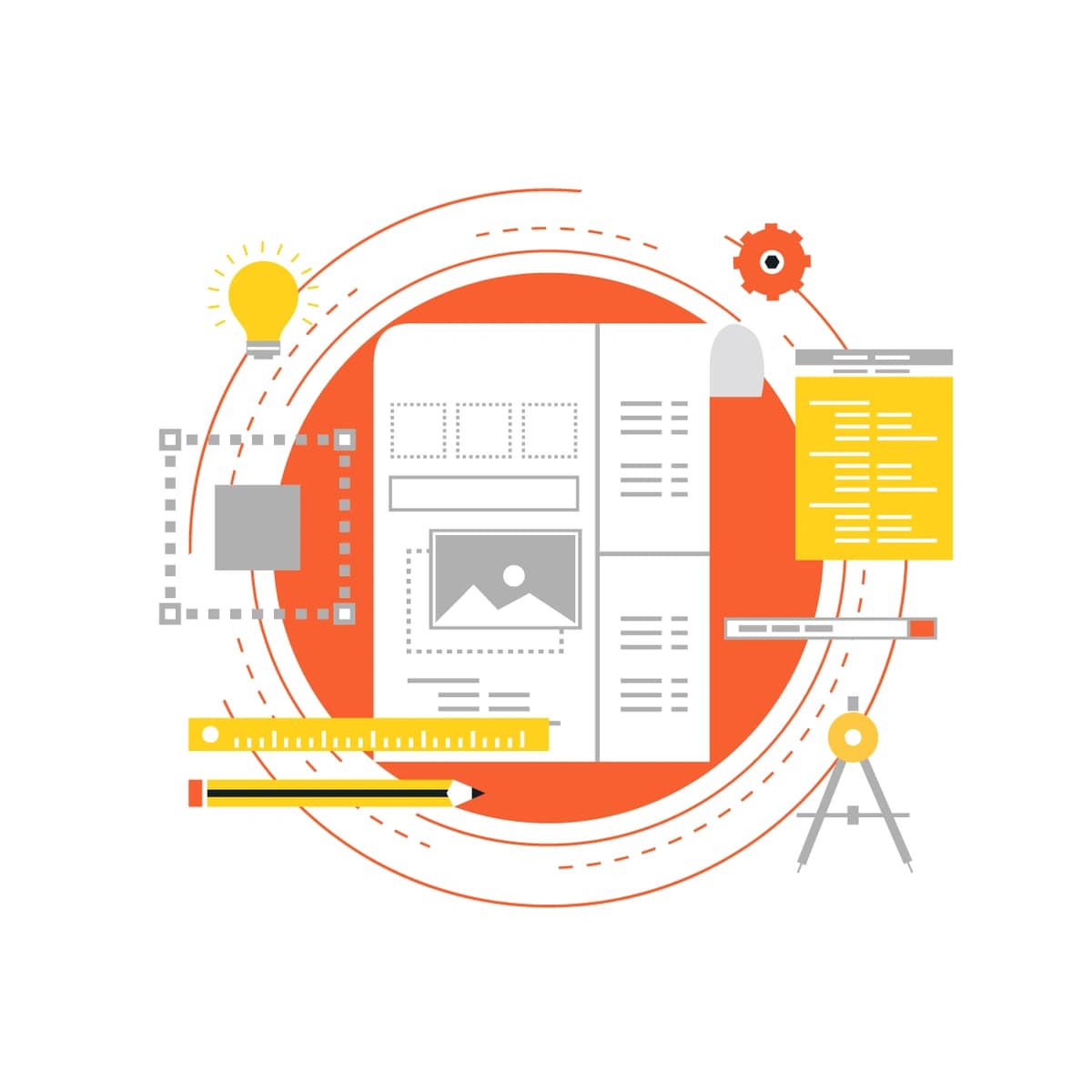 An abstract illustration of design and planning elements, featuring a central clipboard with mockups and layouts, surrounded by a pencil, ruler, compass, gears, and a light bulb, symbolizing the creative process in graphic design or project planning.