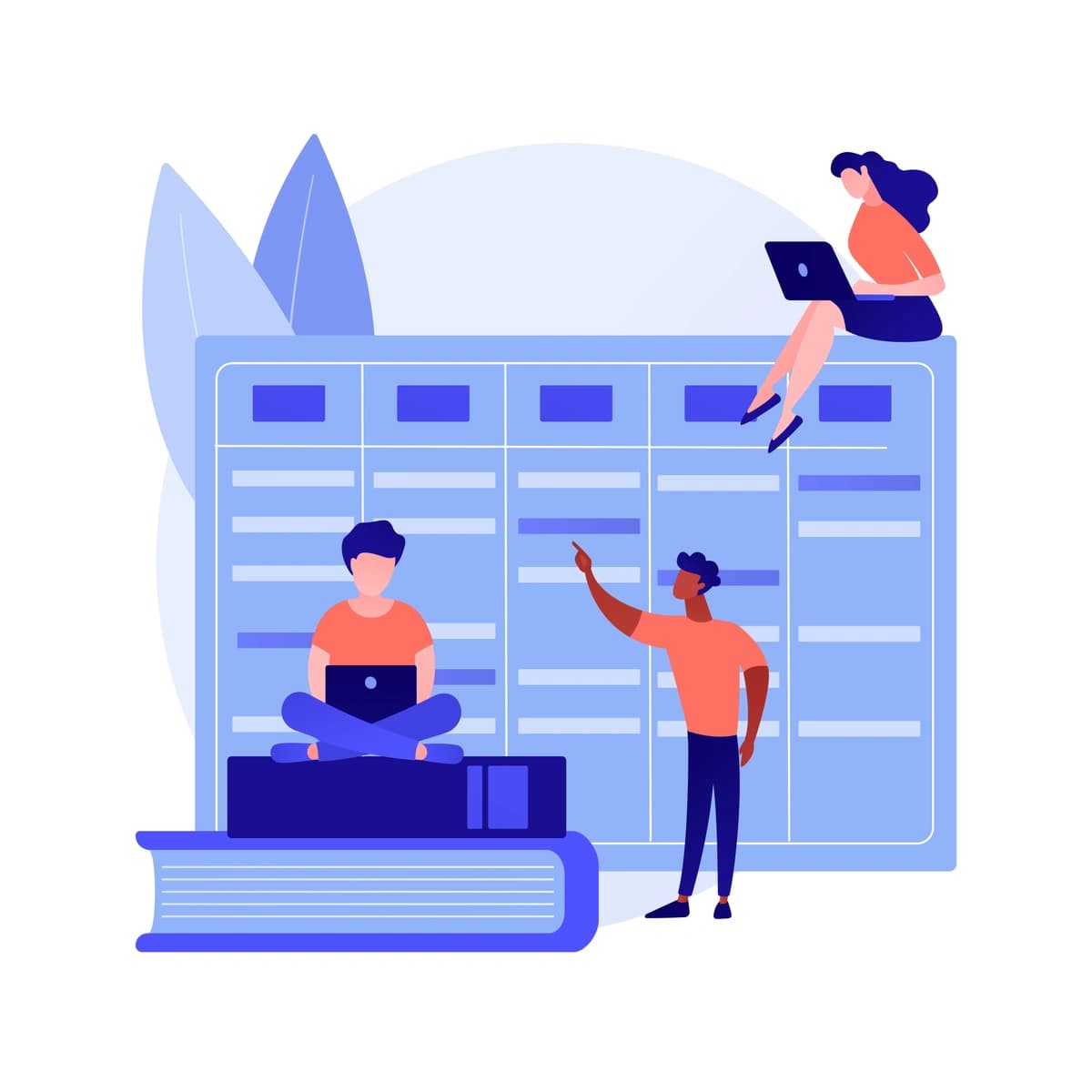 Vector illustration of three people working on and interacting with a large digital calendar or schedule, representing team collaboration and project planning.