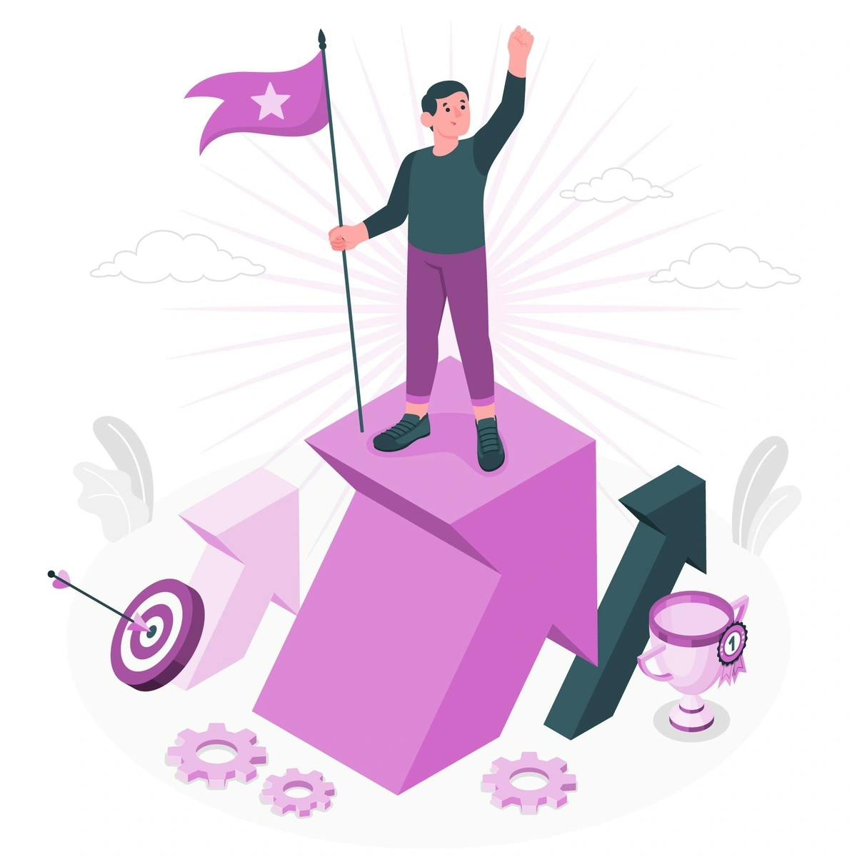 An illustration of a man standing on a purple arrow, holding a flag and celebrating success, surrounded by symbols like a trophy and a target.