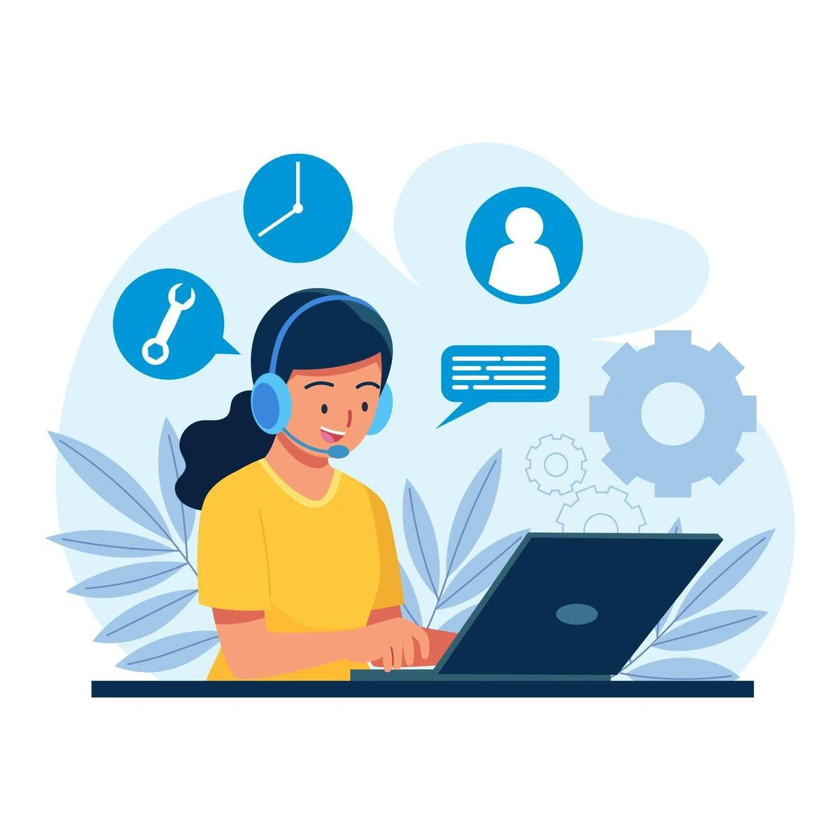 Illustration of a female customer support representative wearing headphones and speaking into a microphone, working on a laptop with icons representing time, user profile, wrench, and speech bubbles around her, symbolizing customer service tools and