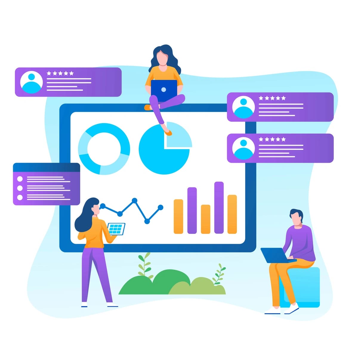 A vibrant illustration of individuals engaged with data analytics, depicted by pie charts, bar graphs, and user profiles, representing online data management, user experience, or digital marketing strategies.