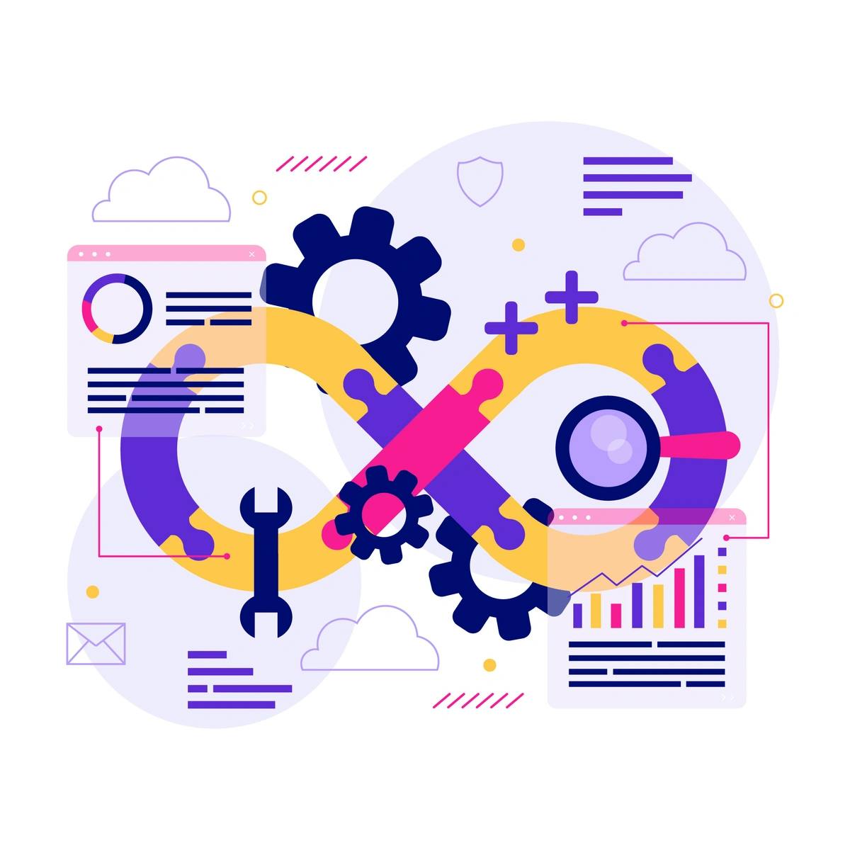 Illustration of an abstract, vibrant workspace concept, featuring a blend of mechanical gears, puzzle pieces, analytical graphs, and digital interface elements, all interconnected to symbolize productivity, collaboration, and analytics in a dynamic p